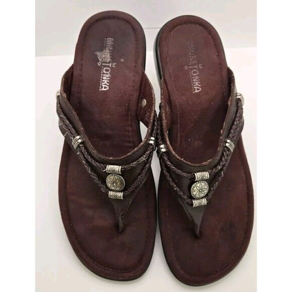 MinneTonka Silverthorne Brown Leather Sandals Flip Flops Thongs Women Size 8 - Picture 9 of 14